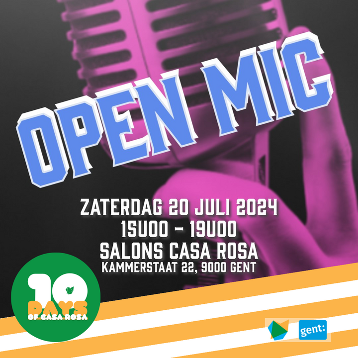 Foto van een oude microfoon met tekst van Open Mic